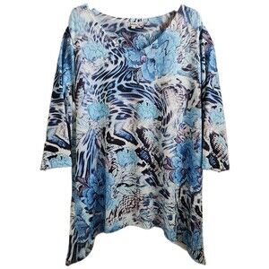 Soleillee Women's Top 3X Blue Floral Bling V-Neck 3/4 Sleeve Easy Care EUC